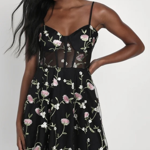 Lulus naturally charming black floral embroidered bustier mini dress - Picture 3 of 15